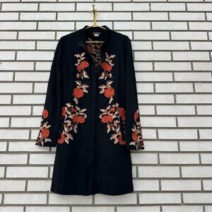 XCVI Black Embroidered Floral Zip Coat Gothic Boho Duster Jacket L Gothic